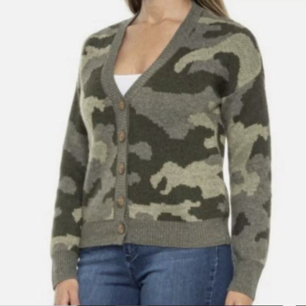 LUCKY BRAND Camouflage Cardigan Small Wool Blend Green Tan Neutral V-Neck Layer
